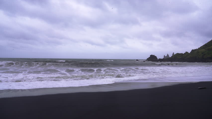Waves crash on black sand beach with seagulls under moody clouds in Vik Iceland