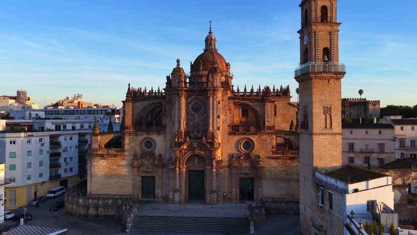 historic town of Jerez de la Frontera in Andalusia, aerial view, ascending drone shot of Jerez cathedral at sunset, tourism in Spain 