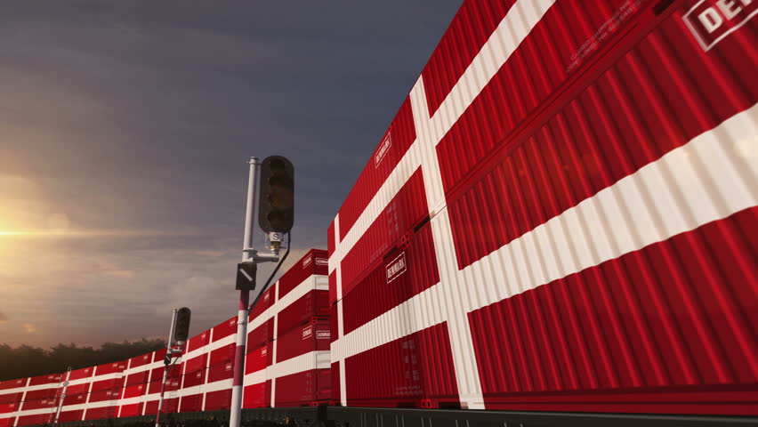 Denmark export import and production containers on a railway freight wagons loop. Business concept of train transport and shipping with a Danish flag. 3D loopable and seamless.