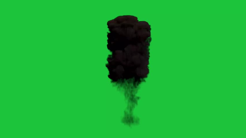 Thick black smoke column rising upward with turbulent motion, realistic VFX plume isolated on green screen background