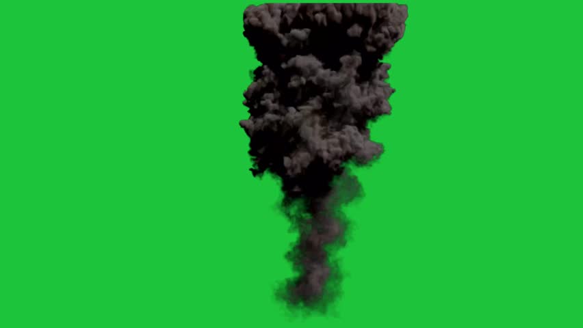 Thick black smoke column rising upward with turbulent motion, realistic VFX plume isolated on green screen background