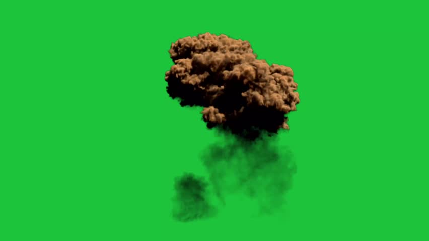 Thick brown smoke cloud rising and dispersing on green screen, realistic VFX explosion dust plume for compositing use