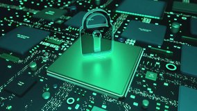 Motherboard with semiconductor, digital lock, data protection. Green metallic circuit board, data processing and exchange, safety, privacy. - Powered by Shutterstock - Get 15% off with code: PIKWIZARD15