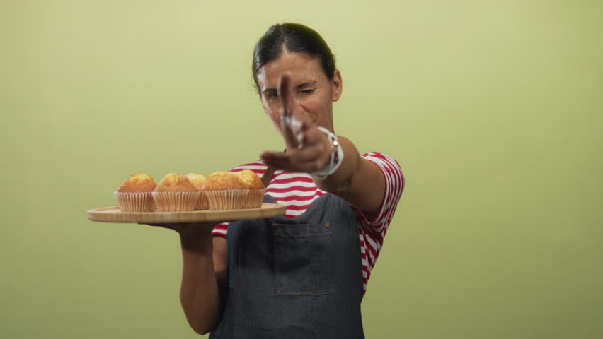 Woman holding muffins on a wooden tray, hand extended in studio with green wall; homemade baking joy.