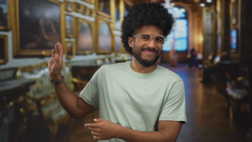 Man with glasses and curly hair standing in an ornate museum interior, looking thoughtful amid paintings and chandeliers, blending modern style with classic setting.