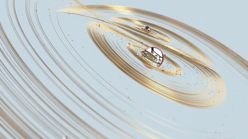 This 4K digital illustration features an abstract geometric portal. The visual documents swirling golden lines intertwined with multi-colored reflective, droplet-like spheres. The composition highlights dynamic fluid motion and high-gloss textures, capturing a complex 3D render of angular shapes and metallic light reflections in a symmetrical, non-representational digital environment.