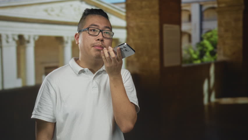 Man holding smartphone to mouth and speaking into device in an old town building corridor, wearing white polo and glasses; quiet contemplation.