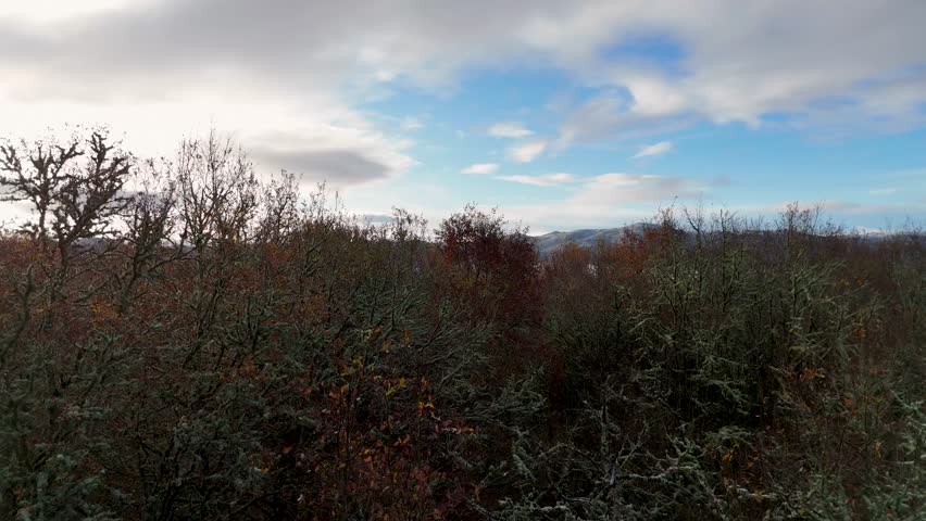 Drone flying over a foggy mountain top with a cloudy sky. The sky is blue and the mountains are covered in trees in Orense, Spain.
