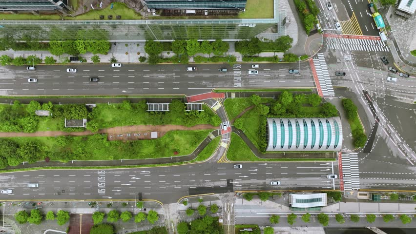 aerial View of Incheon tower-daero near Songdo Central Park