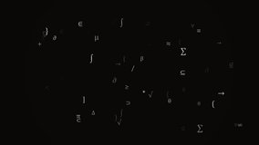 Dark abstract background with glowing mathematical symbols floating in space. Futuristic technology concept suitable for artificial intelligence, cybersecurity, fintech, data science, programming, and scientific presentations. Seamless loop animation - Powered by Shutterstock - Get 15% off with code: PIKWIZARD15