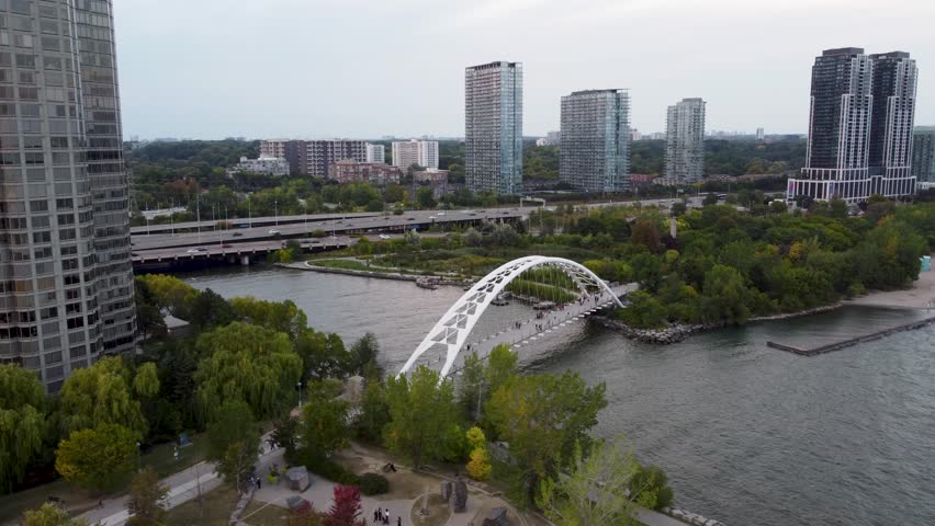 Aerial view of Humber Bay Arch Bridge in Toronto.