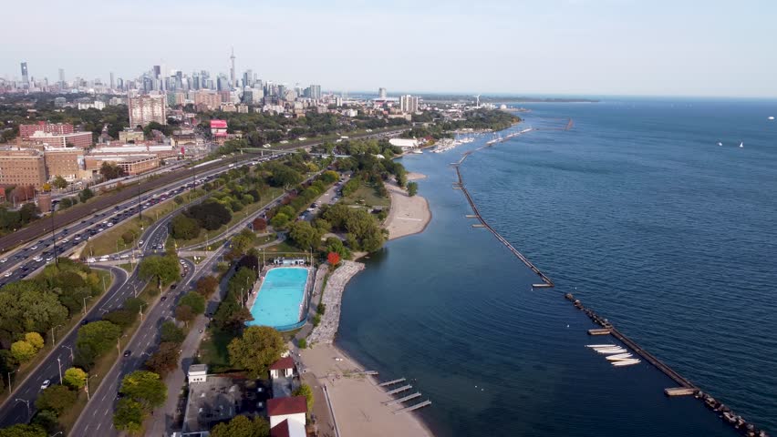 View of Sunnyside Beach along Lake Ontario shoreline in Toronto.