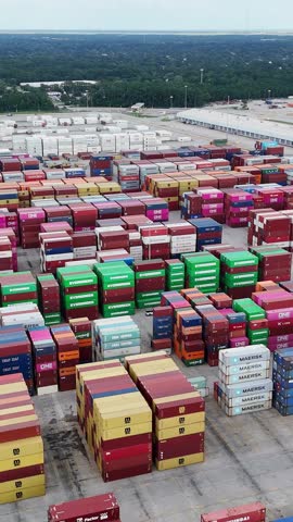 Aerial view of shipping containers at a port terminal