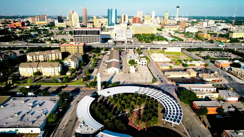 Aerial view of San Antonio, Texas skyline, showcasing downtown skyscrapers, urban landscapes, and the city’s architectural and cultural landmarks.