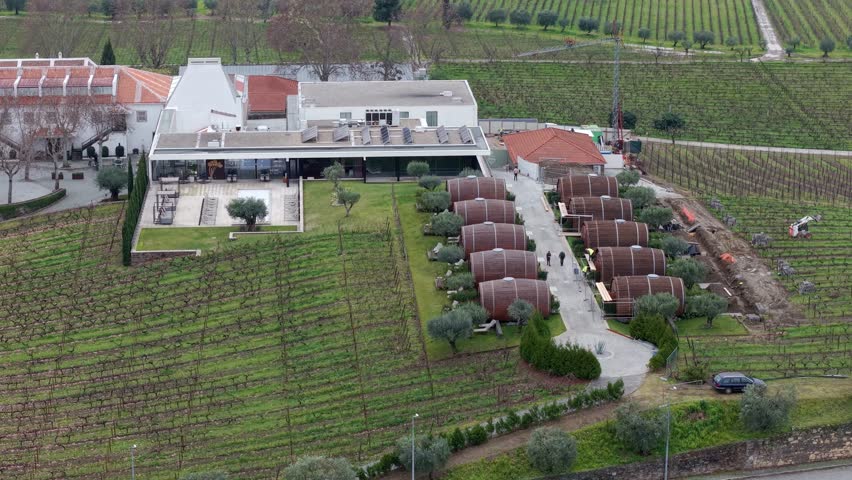 Wine barrel suites, Quinta da Pacheca, Douro Valley vineyards, Drone shot