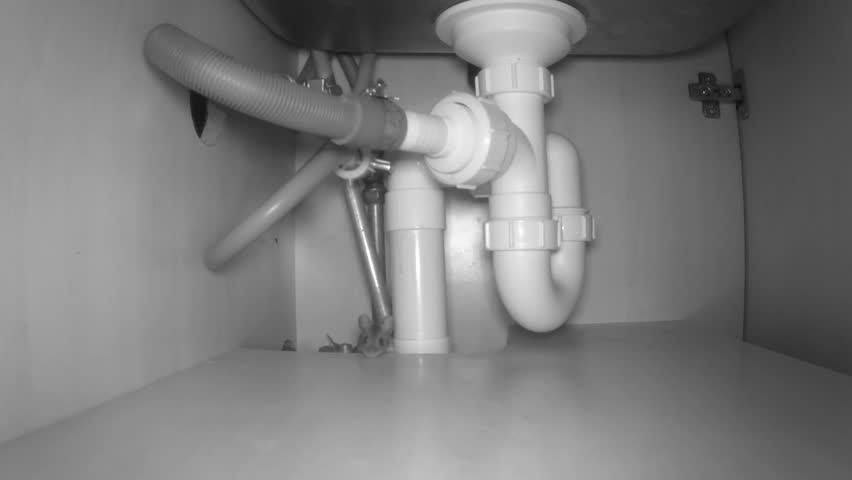 A small mouse enters and exits underneath a sink.