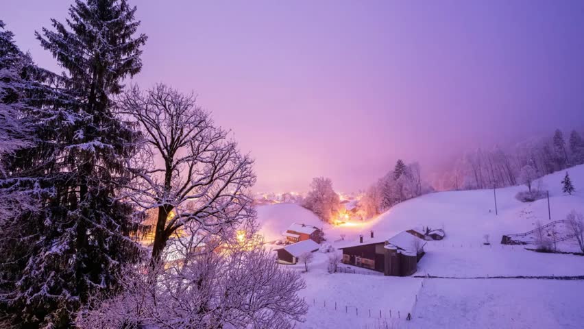 Winter landscape with snow-covered trees and houses at twilight, capturing serene snowy scenery, cozy atmosphere, and seasonal beauty.