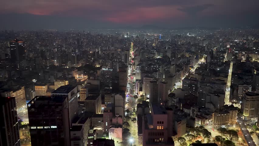 Sao Joao Avenue At Sao Paulo In Brazil. Night City Landscape. Downtown District. Highrise Buildings. Sao Joao Avenue At Sao Paulo In Brazil. Tourism Symbol. Capital City.