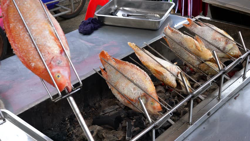 Thailand Food Tourism – Famous Thai food BBQ Seafood at Local Street Market Bangkok, Thailand 4K
