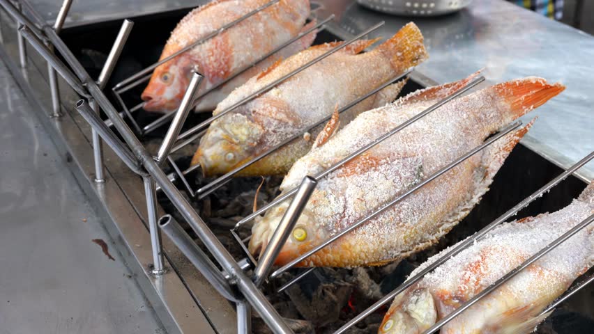 Thailand Food Tourism – Famous Thai food BBQ Seafood at Local Street Market Bangkok, Thailand 4K