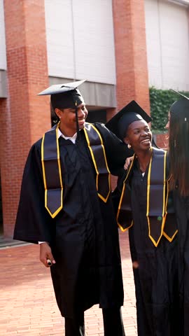 Group of happy multicultural graduates in traditional gowns and caps celebrating their academic success together on campus, smiling and laughing during the commencement ceremony