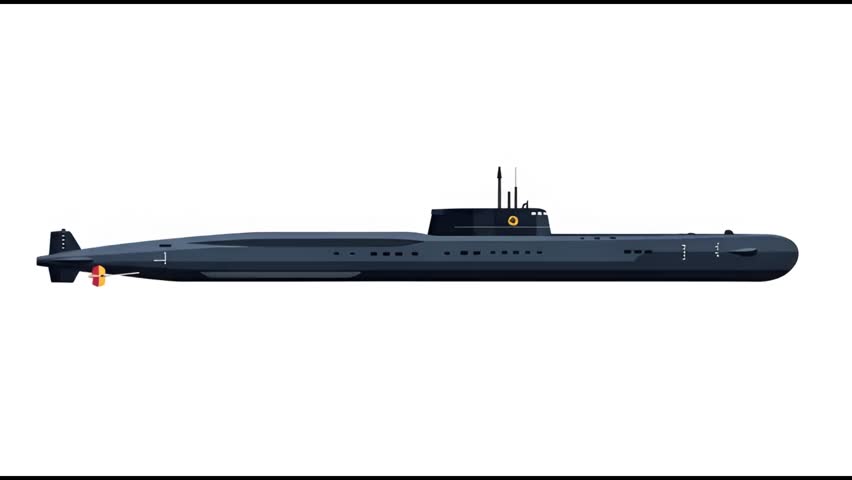 Illustration of a modern submarine on a white background, showcasing its sleek design and dark blue color