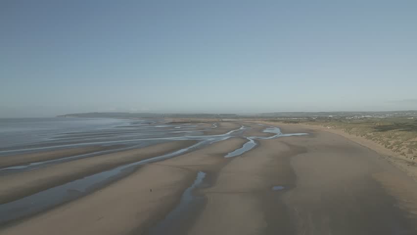 Sandy beach and coastline with tide out, sandbanks and dog walkers