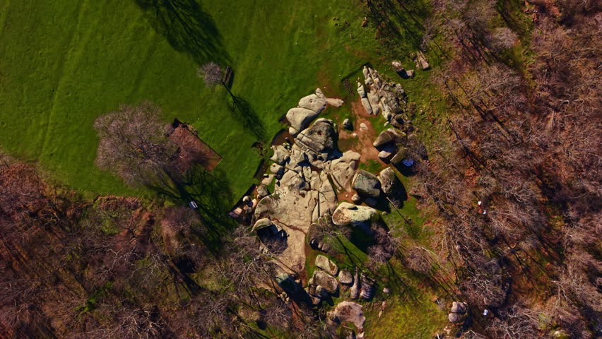 Large rocks are scattered on the ground surrounded by trees in a green field. The setting has no buildings, and the scene shows natural landscape features.