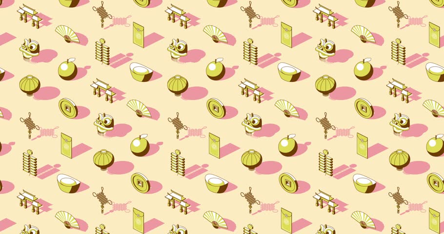 Gold Chinese themed isometric icons background animation with shadow