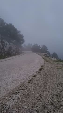 Atmospheric Mountain Road Covered in Dense Fog and Mist with Pine Trees, Mysterious Rocky Landscape with Low Visibility for Driving, Eerie Winter Nature Scene