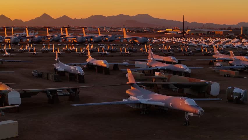 Aerial view of airplanes at sunset, United States.