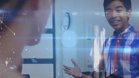 Animation of data processing and media icons over diverse schoolchildren talking. Global education and digital interface concept digitally generated video. - Powered by Shutterstock - Get 15% off with code: PIKWIZARD15