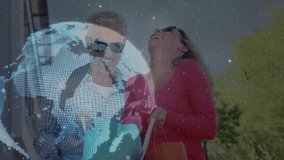 Animation of data processing with globe over caucasian couple. Global science, connections, data processing and digital interface concept digitally generated video. - Powered by Shutterstock - Get 15% off with code: PIKWIZARD15
