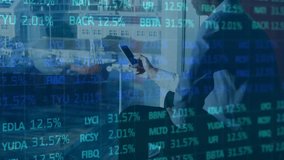 Animation of financial data processing over caucasian businessman using smartphone. Global business, finance, connections and data processing concept digitally generated video. - Powered by Shutterstock - Get 15% off with code: PIKWIZARD15