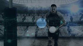 Animation of network of connections and data processing over rugby player. Global sports, networks and data processing concept digitally generated video. - Powered by Shutterstock - Get 15% off with code: PIKWIZARD15