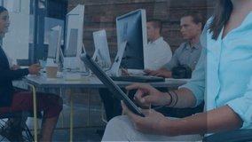 Animation of statistics adnd data processing over business people using electronic devices. Global business, finance and data processing concept digitally generated video. - Powered by Shutterstock - Get 15% off with code: PIKWIZARD15