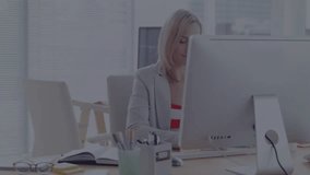 Animation of connections and data processing over caucasian businesswoman using computer in office. Global connections, business, computing and data processing concept digitally generated video. - Powered by Shutterstock - Get 15% off with code: PIKWIZARD15