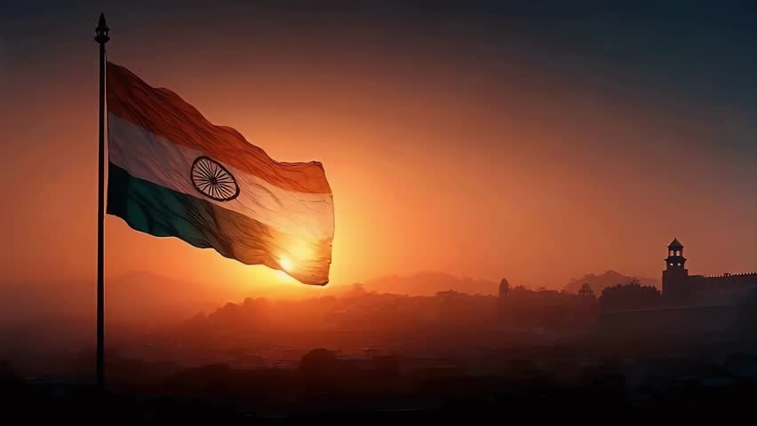 Indian National Flag Waving in Wind Against Golden Sunset Cityscape.