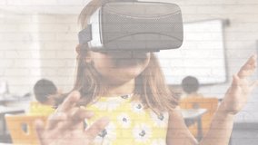 Animation of mathematical equations over caucasian schoolgirl using vr headset. global education, technology and digital interface concept digitally generated video. - Powered by Shutterstock - Get 15% off with code: PIKWIZARD15