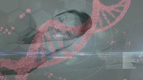 Animation of young caucasian woman sleeping with dna helix, nucleotides and programming language. Digital composite, multiple exposure, coding, molecule, research, home, genetic and technology. - Powered by Shutterstock - Get 15% off with code: PIKWIZARD15