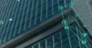 Animation of globe and connected icons over low angle view of building. Digital composite, multiple exposure, communication, globalization, security, protection, skyscrapers and technology concept. - Powered by Shutterstock - Get 15% off with code: PIKWIZARD15