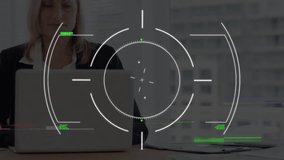 Animation of financial data processing and scope over caucasian businesswoman using laptop in office. Global business, finance, computing and data processing concept digitally generated video. - Powered by Shutterstock - Get 15% off with code: PIKWIZARD15