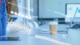 Animation of data processing against caucasian businesswoman talking on smartphone at office. Computer interface and business technology concept - Powered by Shutterstock - Get 15% off with code: PIKWIZARD15