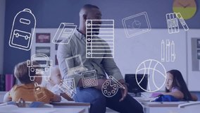 Animation of school items icons over happy diverse male teacher with students in classroom. Global education, school and digital interface concept, digitally generated video. - Powered by Shutterstock - Get 15% off with code: PIKWIZARD15