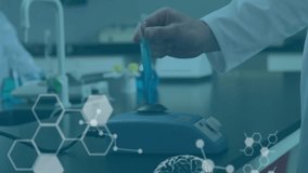 Animation of scientific data processing over caucasian male scientist in laboratory. Global science, connections, computing and data processing concept digitally generated video. - Powered by Shutterstock - Get 15% off with code: PIKWIZARD15