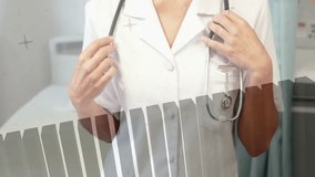 Animation of data processing over caucasian female doctor wearing stethoscope in hospital. Global medicine, healthcare, computing and digital interface concept digitally generated video. - Powered by Shutterstock - Get 15% off with code: PIKWIZARD15