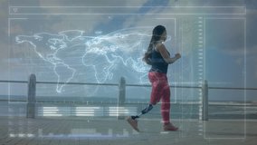 Woman with prosthetic leg jogging by ocean, digital world map overlay animation. Fitness, prosthetics, technology, innovation, female athlete - Powered by Shutterstock - Get 15% off with code: PIKWIZARD15