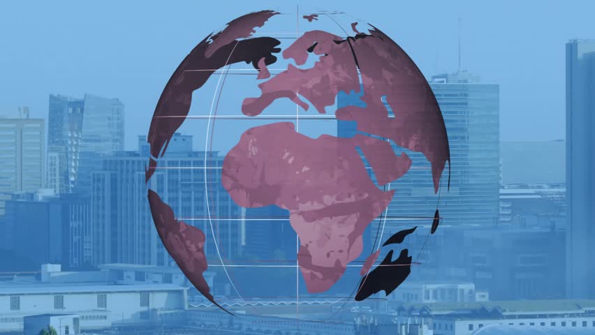 Stylized globe graphic floating over city skyline in 3D render, showing red and white grid lines. Geography, urbanplanning, digitalmapping, technology, innovation, cityscape, futurism