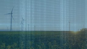 Wind turbines generating data overlays across green field at dusk, displaying candlestick charts. Renewable, technology, futuristic, eco-friendly, digital, sustainable, landscape - Powered by Shutterstock - Get 15% off with code: PIKWIZARD15