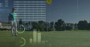 Golfer standing on green by flagstick, following golf analytics overlay guiding putt with each step. Sports, analytics, data visualization, precision, performance, outdoor, technology - Powered by Shutterstock - Get 15% off with code: PIKWIZARD15